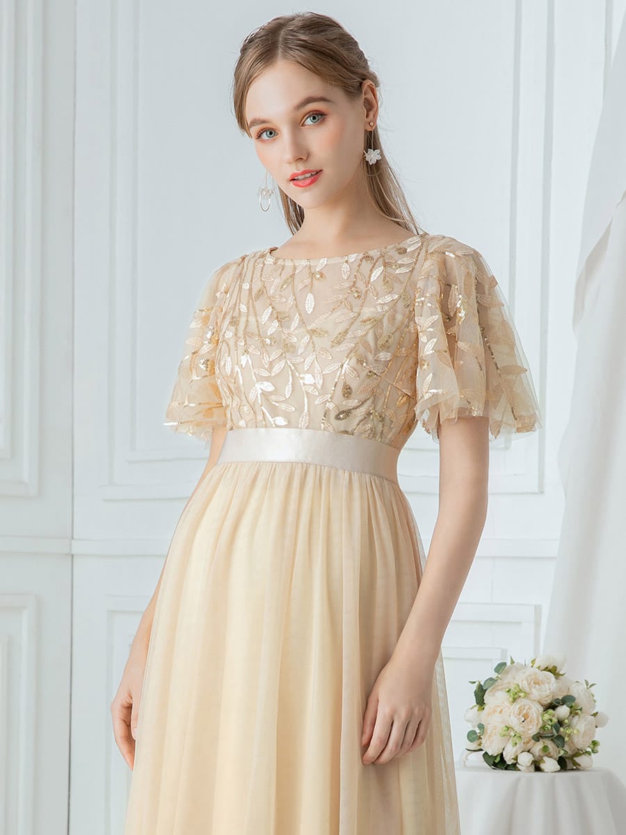 Women's A-Line Short Sleeve Embroidery Floor Length Evening Dresses #color_Gold