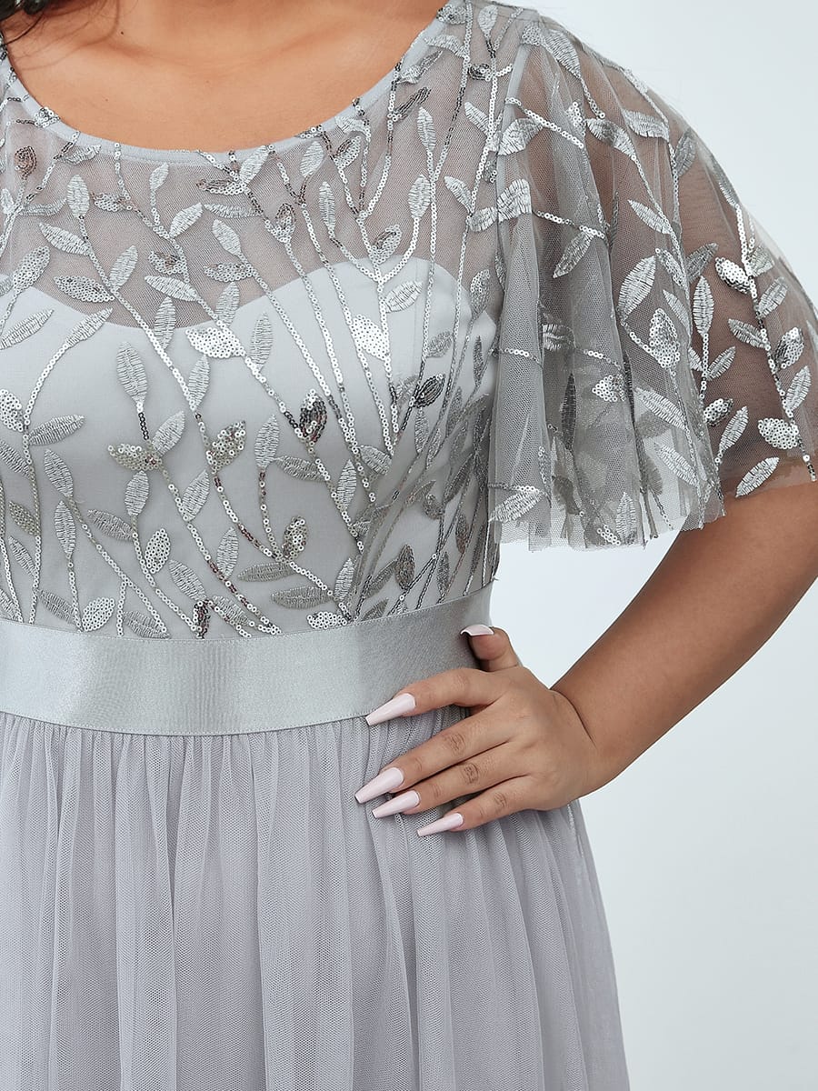 Women's A-Line Short Sleeve Embroidery Floor Length Evening Dresses #color_Grey