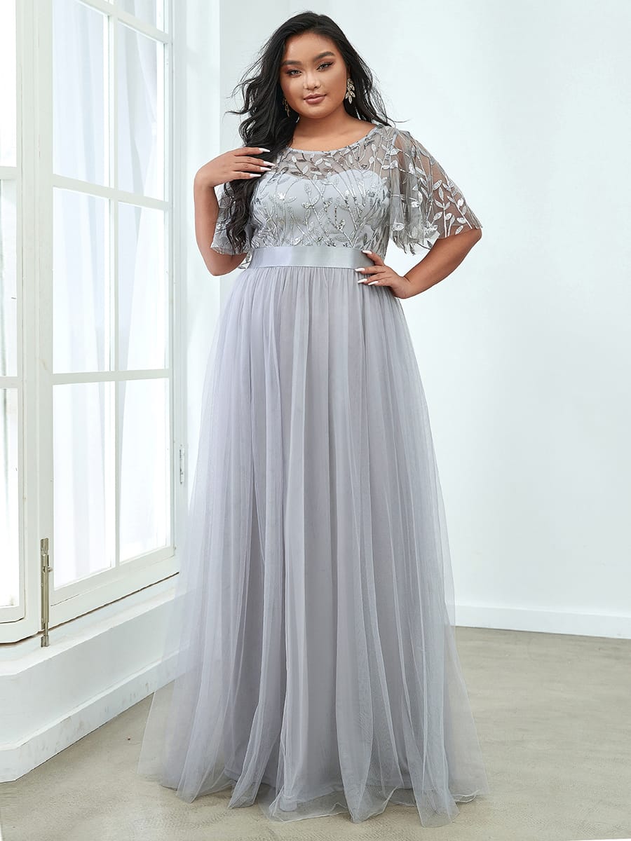 Women's A-Line Short Sleeve Embroidery Floor Length Evening Dresses #color_Grey