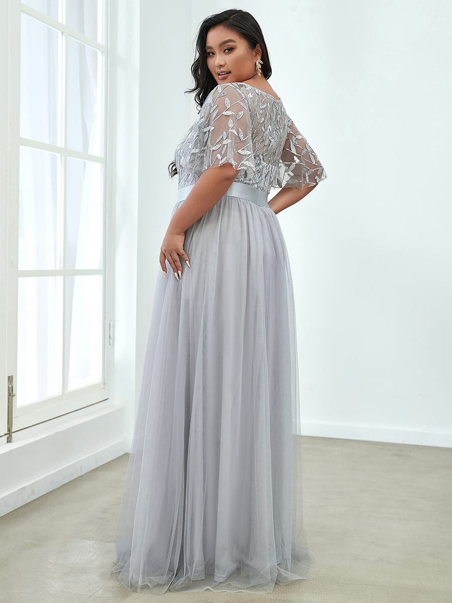 Women's A-Line Short Sleeve Embroidery Floor Length Evening Dresses #color_Grey