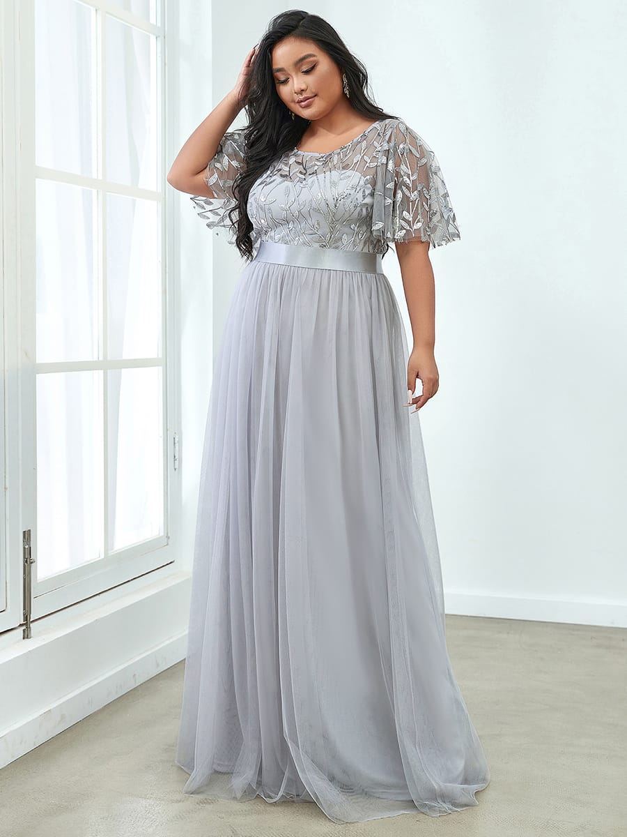 Women's A-Line Short Sleeve Embroidery Floor Length Evening Dresses #color_Grey