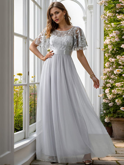 ever SAPHIR|Women's A-Line Short Sleeve Embroidery Floor Length Evening Dresses