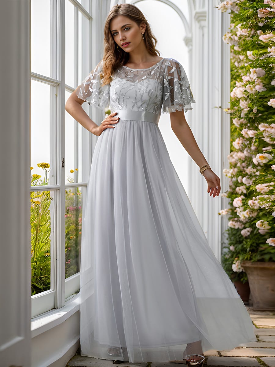 Women's A-Line Short Sleeve Embroidery Floor Length Evening Dresses #color_Grey