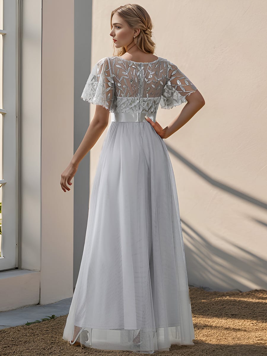Women's A-Line Short Sleeve Embroidery Floor Length Evening Dresses #color_Grey