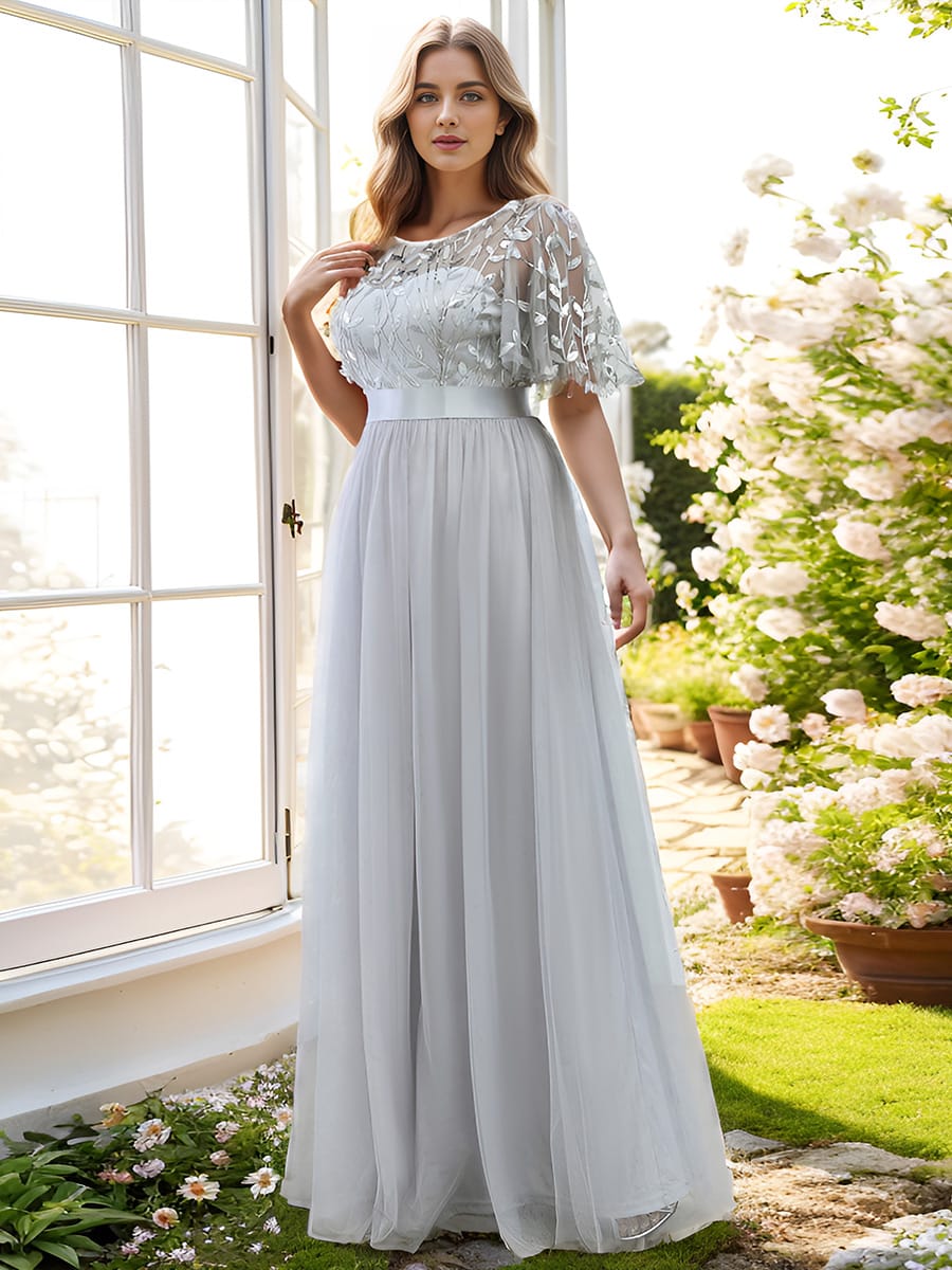 Women's A-Line Short Sleeve Embroidery Floor Length Evening Dresses #color_Grey
