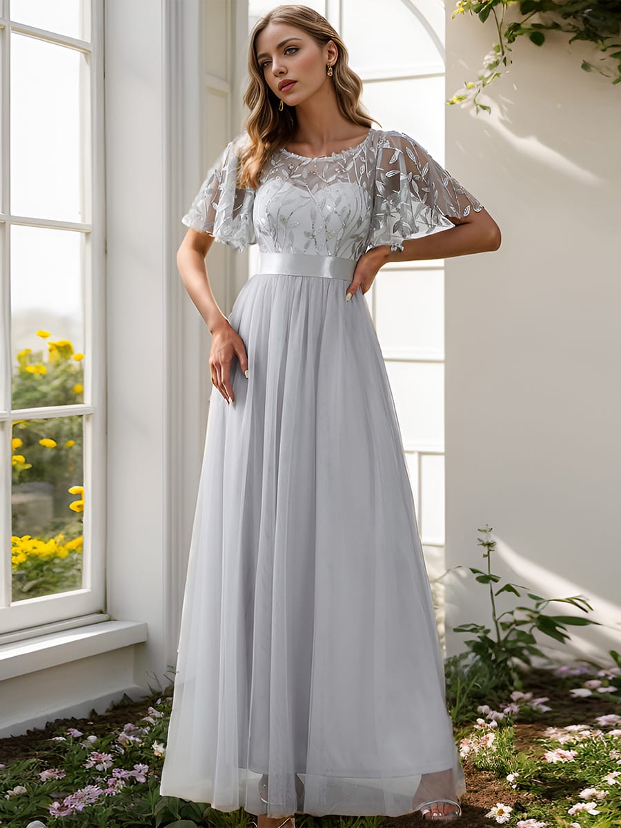 Women's A-Line Short Sleeve Embroidery Floor Length Evening Dresses #color_Grey