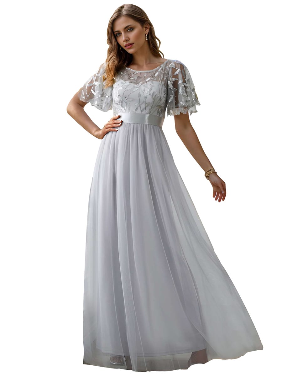 Women's A-Line Short Sleeve Embroidery Floor Length Evening Dresses #color_Grey