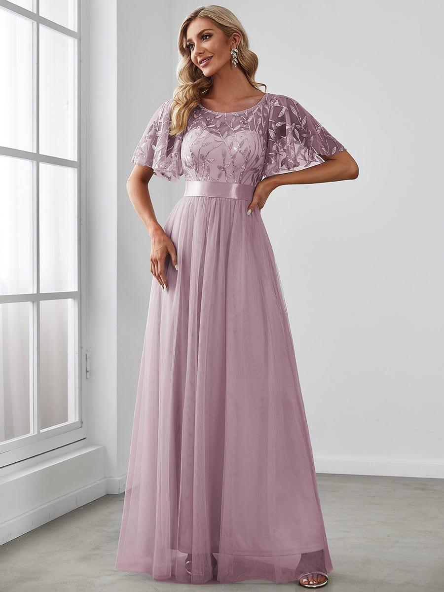 Women's A-Line Short Sleeve Embroidery Floor Length Bridesmaid Dresses #color_Lilac