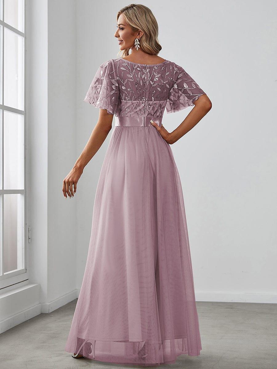 Women's A-Line Short Sleeve Embroidery Floor Length Bridesmaid Dresses #color_Lilac