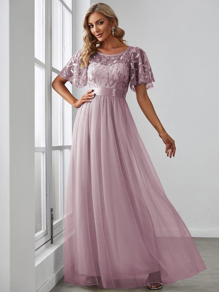 Women's A-Line Short Sleeve Embroidery Floor Length Bridesmaid Dresses #color_Lilac