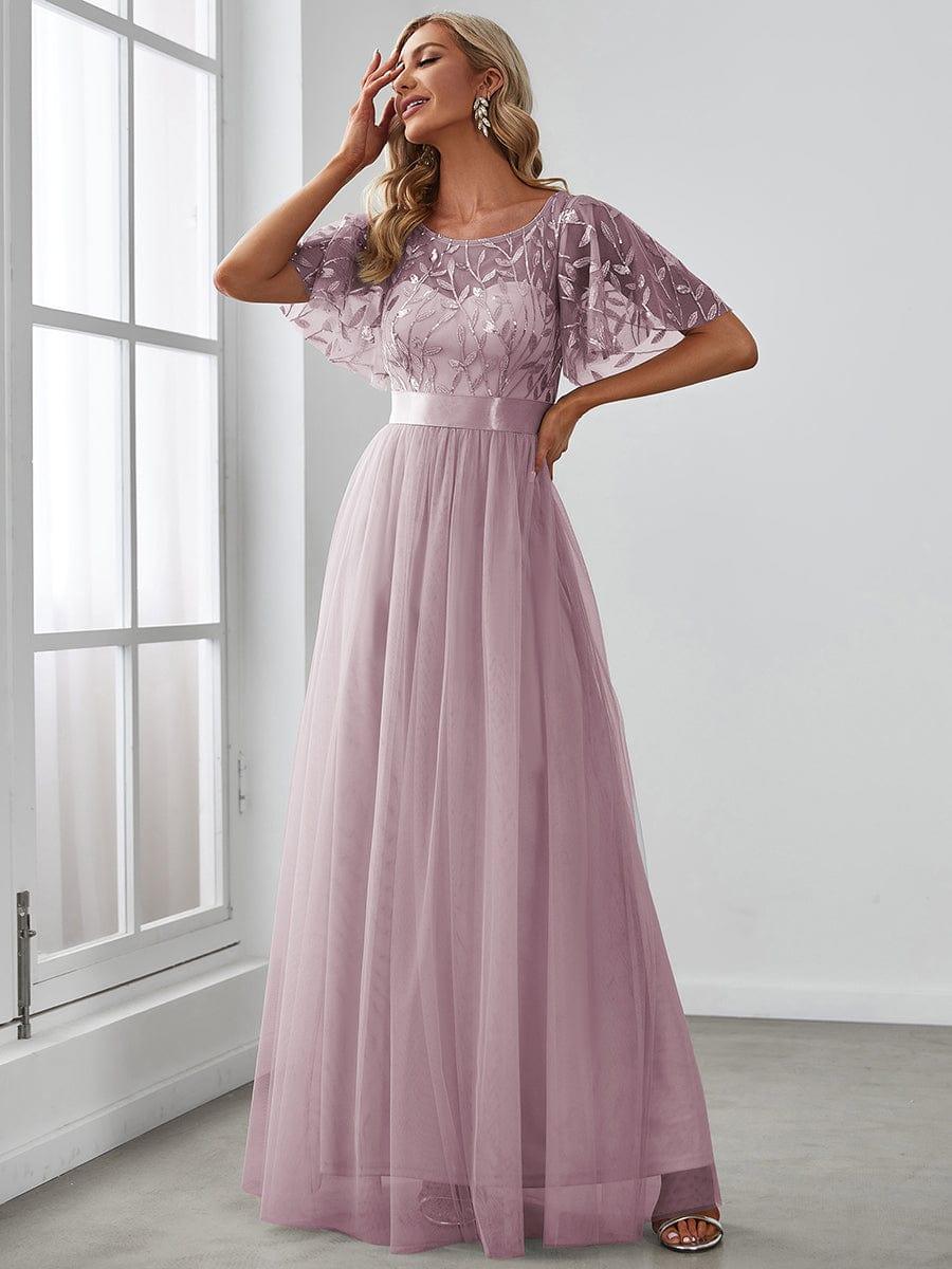 Women's A-Line Short Sleeve Embroidery Floor Length Bridesmaid Dresses #color_Lilac