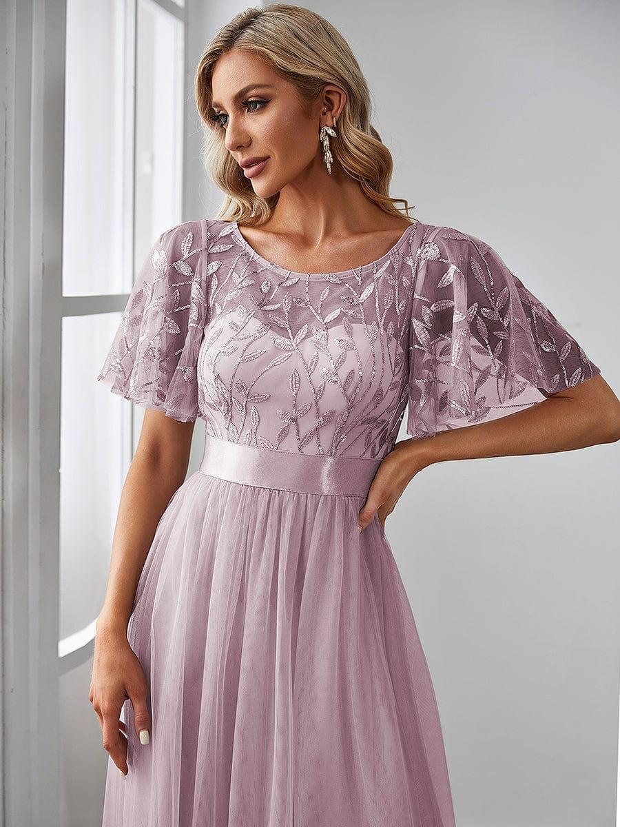 Women's A-Line Short Sleeve Embroidery Floor Length Bridesmaid Dresses #color_Lilac