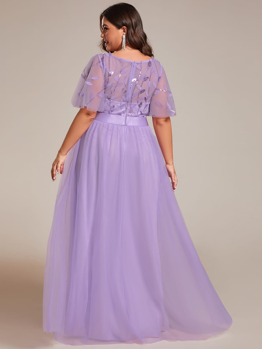 Women's A-Line Short Sleeve Embroidery Floor Length Evening Dresses #color_Lavender
