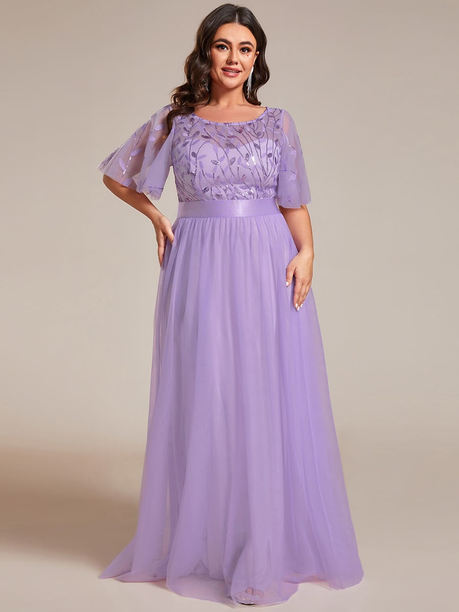 Women's A-Line Short Sleeve Embroidery Floor Length Evening Dresses #color_Lavender