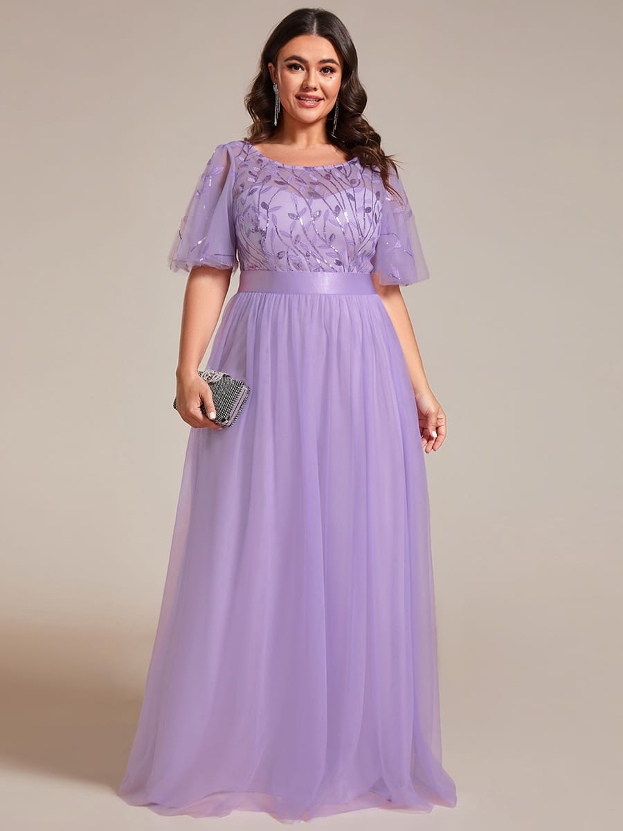Women's A-Line Short Sleeve Embroidery Floor Length Evening Dresses #color_Lavender