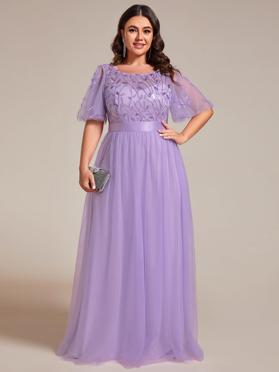 Women's A-Line Short Sleeve Embroidery Floor Length Evening Dresses #color_Lavender
