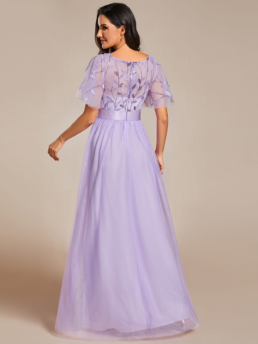 Women's A-Line Short Sleeve Embroidery Floor Length Evening Dresses #color_Lavender
