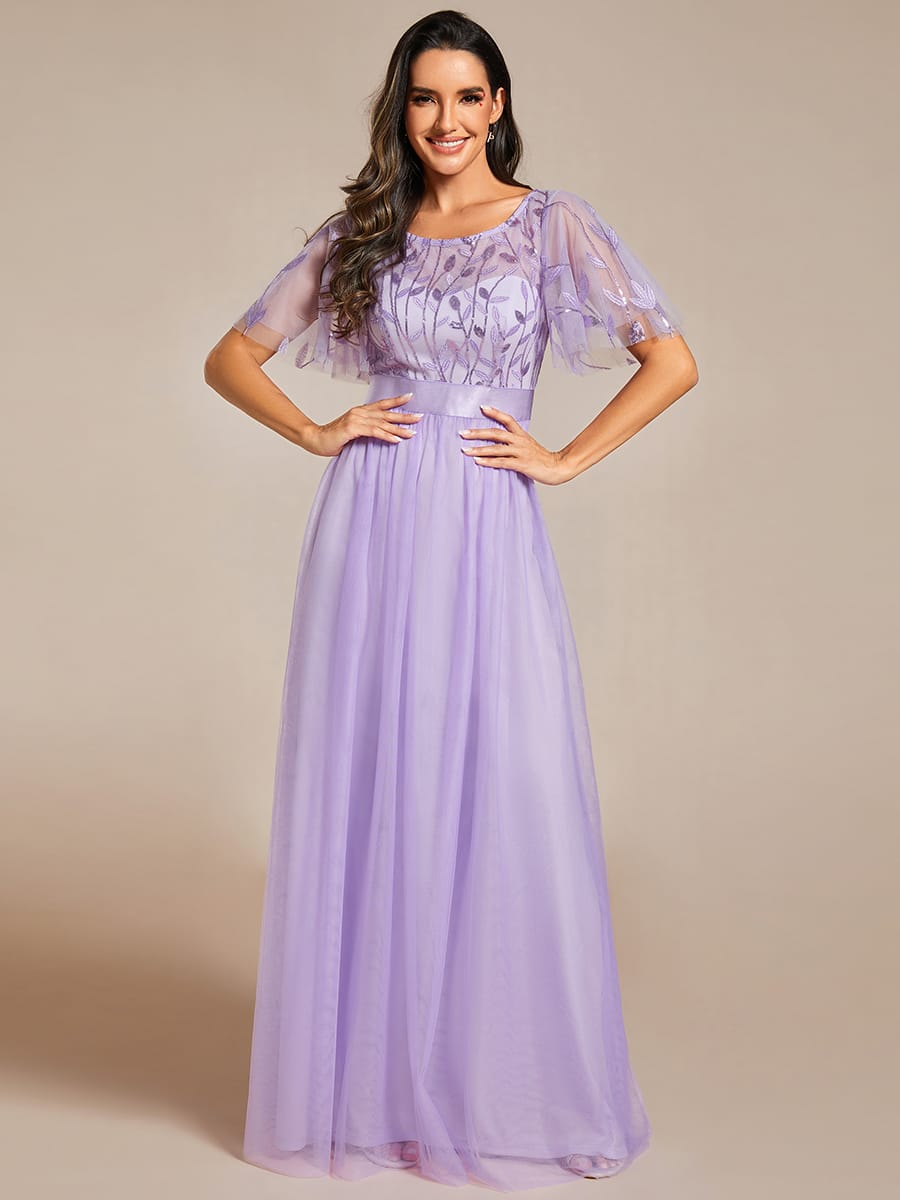 Women's A-Line Short Sleeve Embroidery Floor Length Evening Dresses #color_Lavender