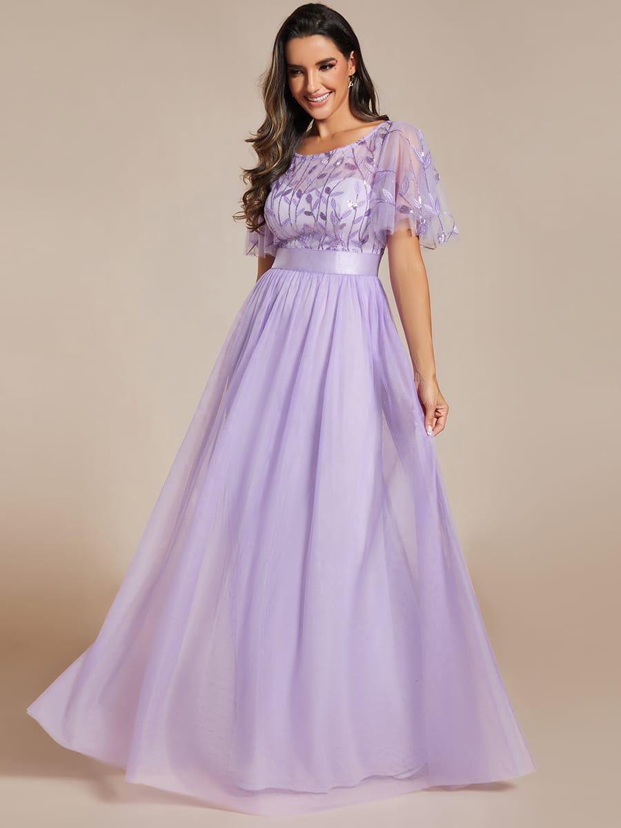 Women's A-Line Short Sleeve Embroidery Floor Length Evening Dresses #color_Lavender