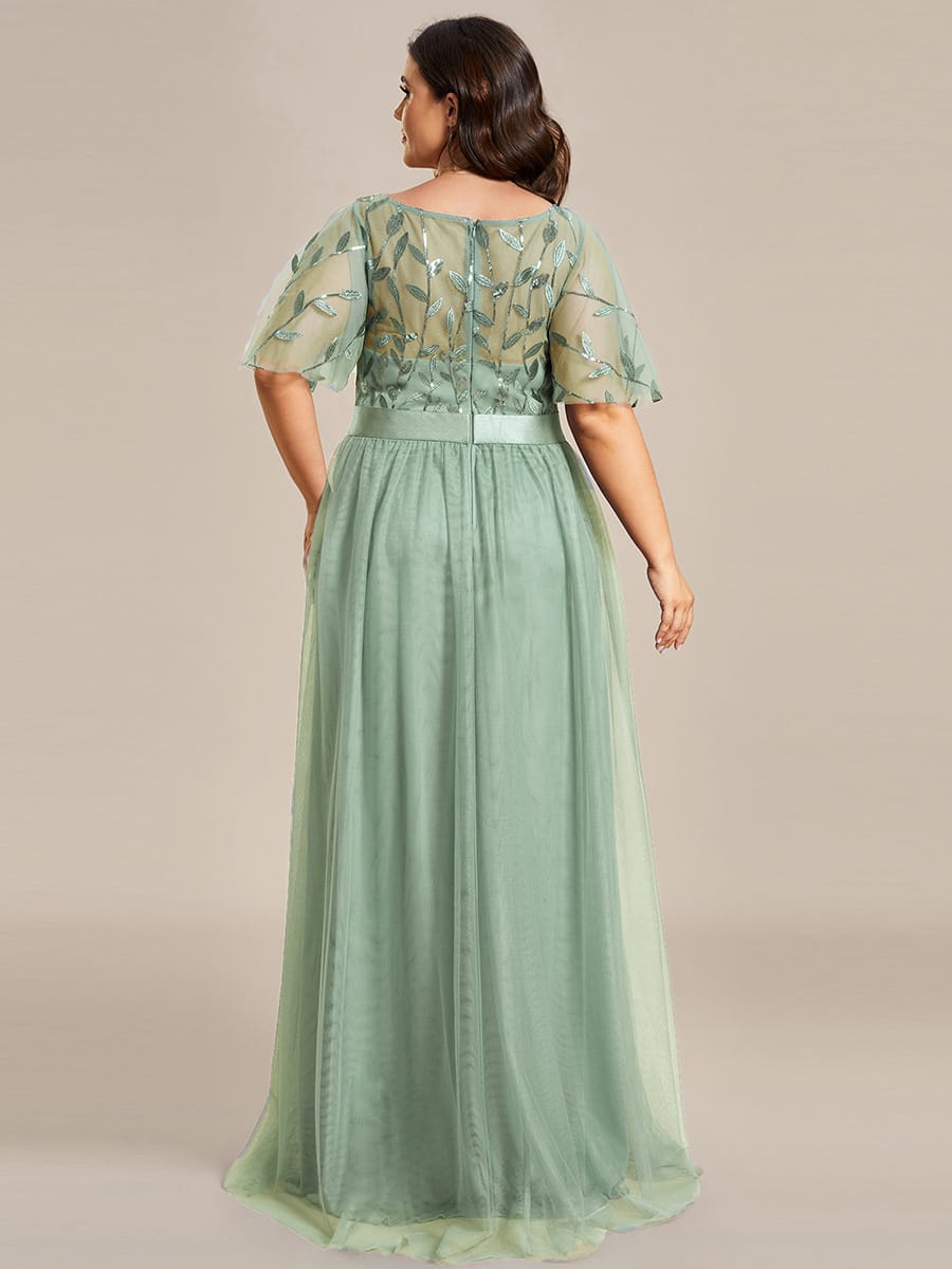 Women's A-Line Short Sleeve Embroidery Floor Length Evening Dresses #color_Mint Green