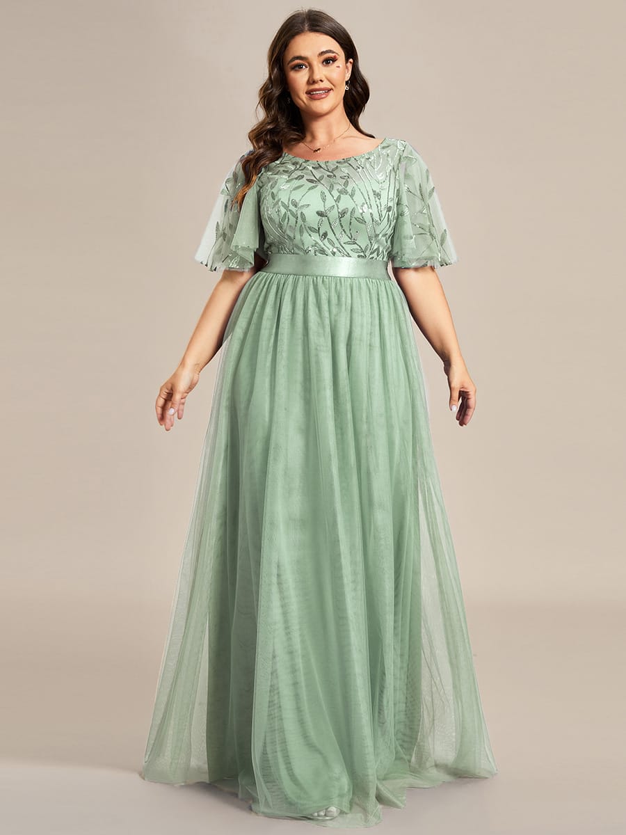 Women's A-Line Short Sleeve Embroidery Floor Length Evening Dresses #color_Mint Green