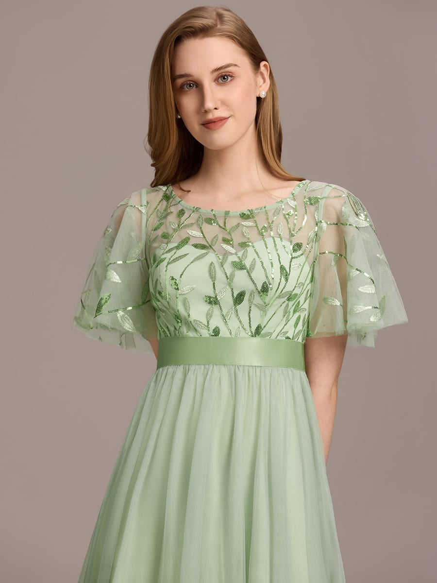 Women's A-Line Short Sleeve Embroidery Floor Length Evening Dresses #color_Mint Green