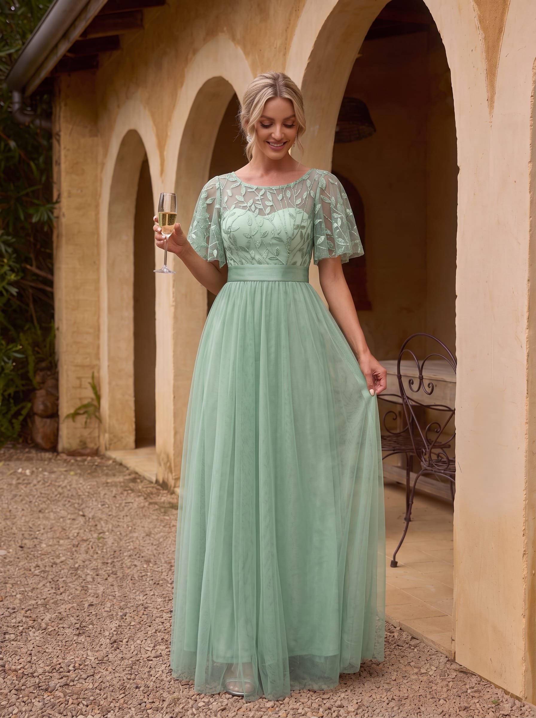 Women's A-Line Short Sleeve Embroidery Floor Length Wedding Guest Dresses #color_Mint Green