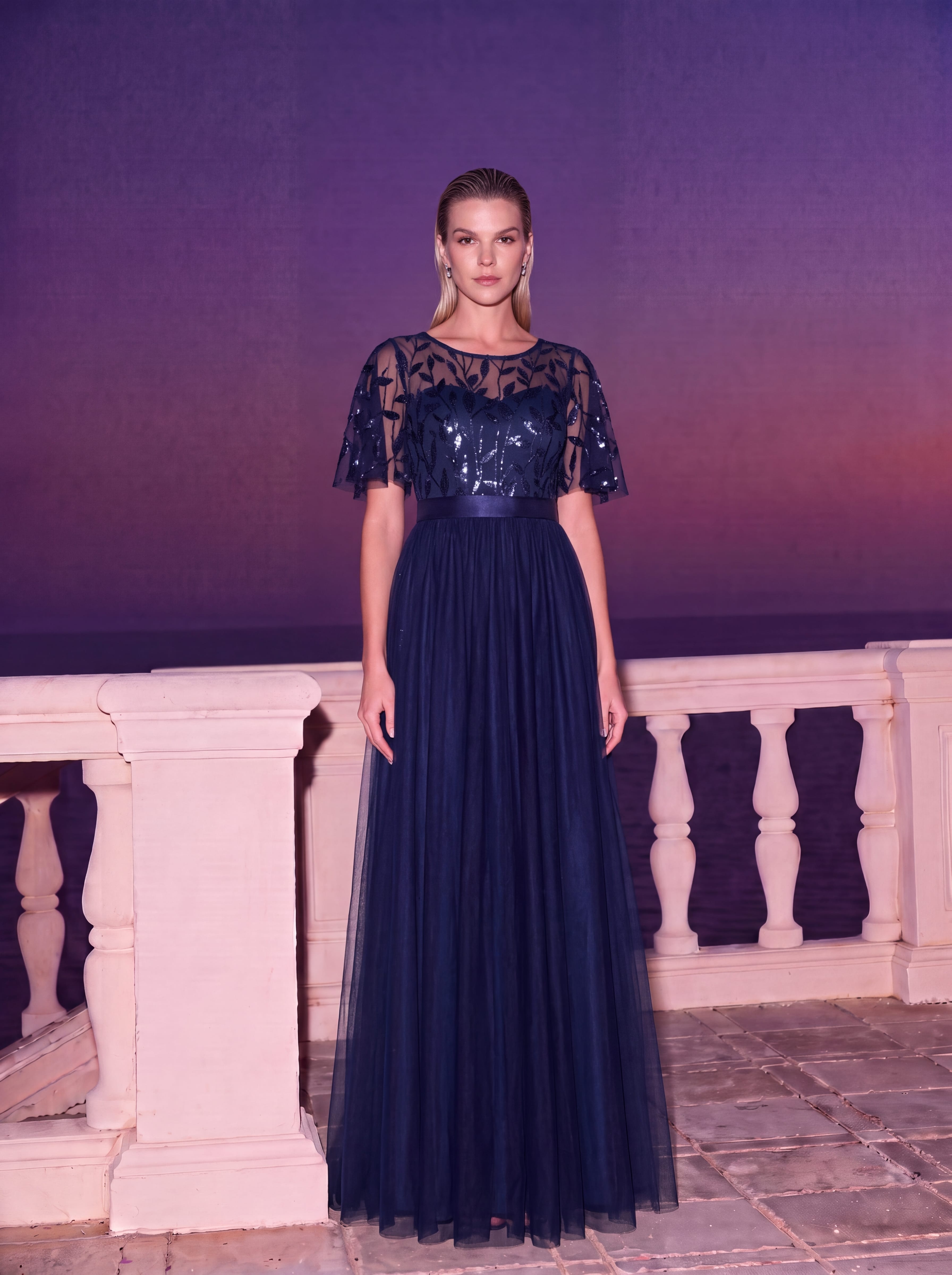 Women's A-Line Short Sleeve Embroidery Floor Length Wedding Guest Dresses #color_Navy Blue