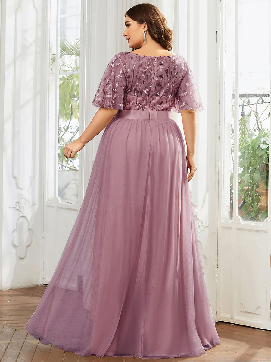Women's A-Line Short Sleeve Embroidery Floor Length Evening Dresses #color_Purple Orchid