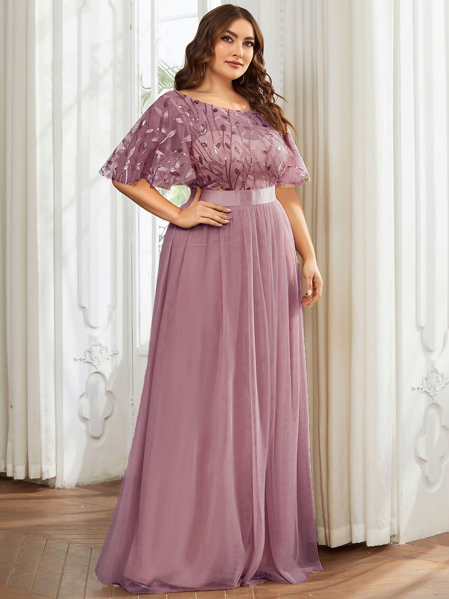 Women's A-Line Short Sleeve Embroidery Floor Length Evening Dresses #color_Purple Orchid
