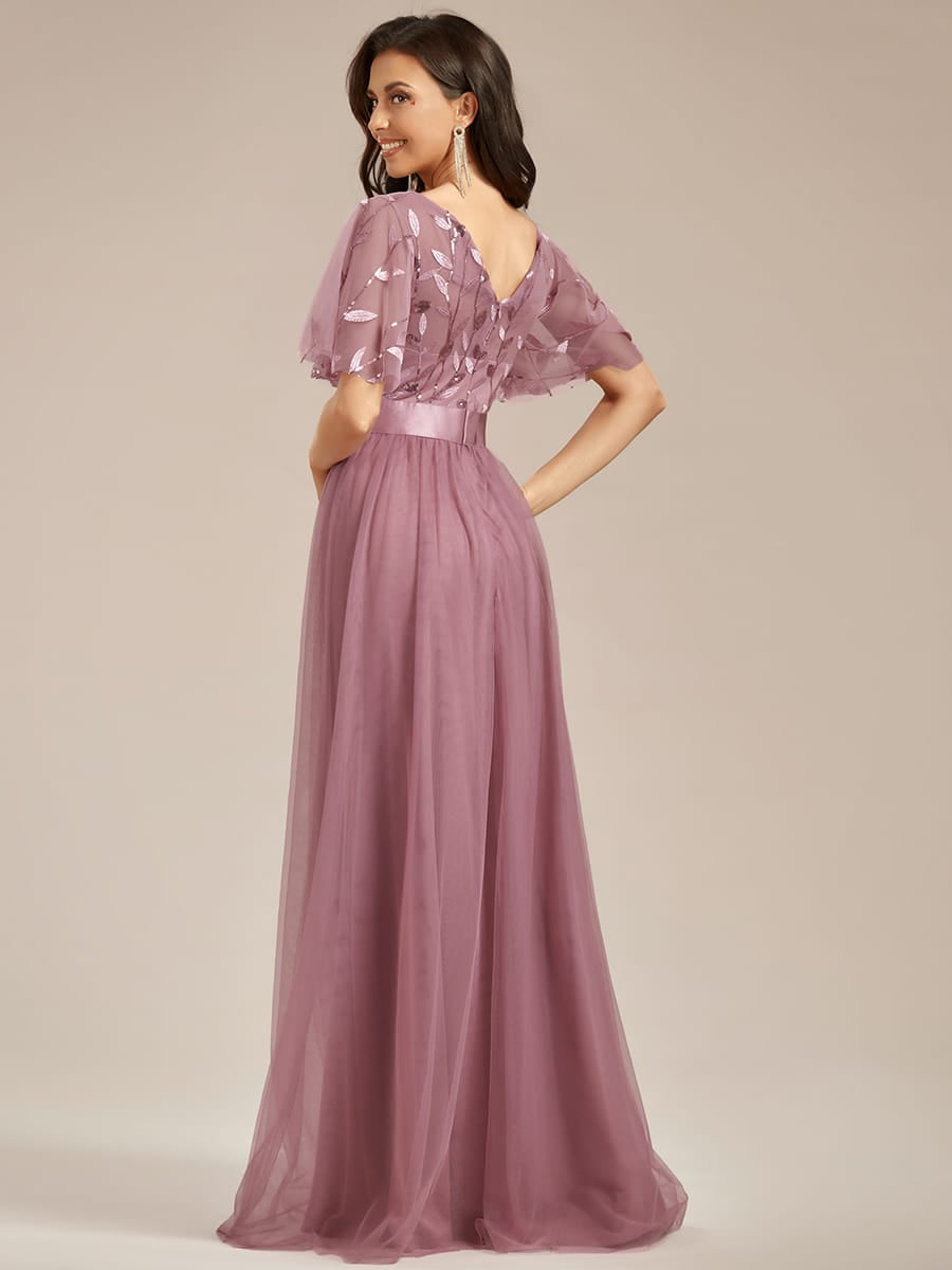 Women's A-Line Short Sleeve Embroidery Floor Length Evening Dresses #color_Purple Orchid