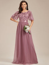 Women's A-Line Short Sleeve Embroidery Floor Length Wedding Guest Dresses #color_Purple Orchid