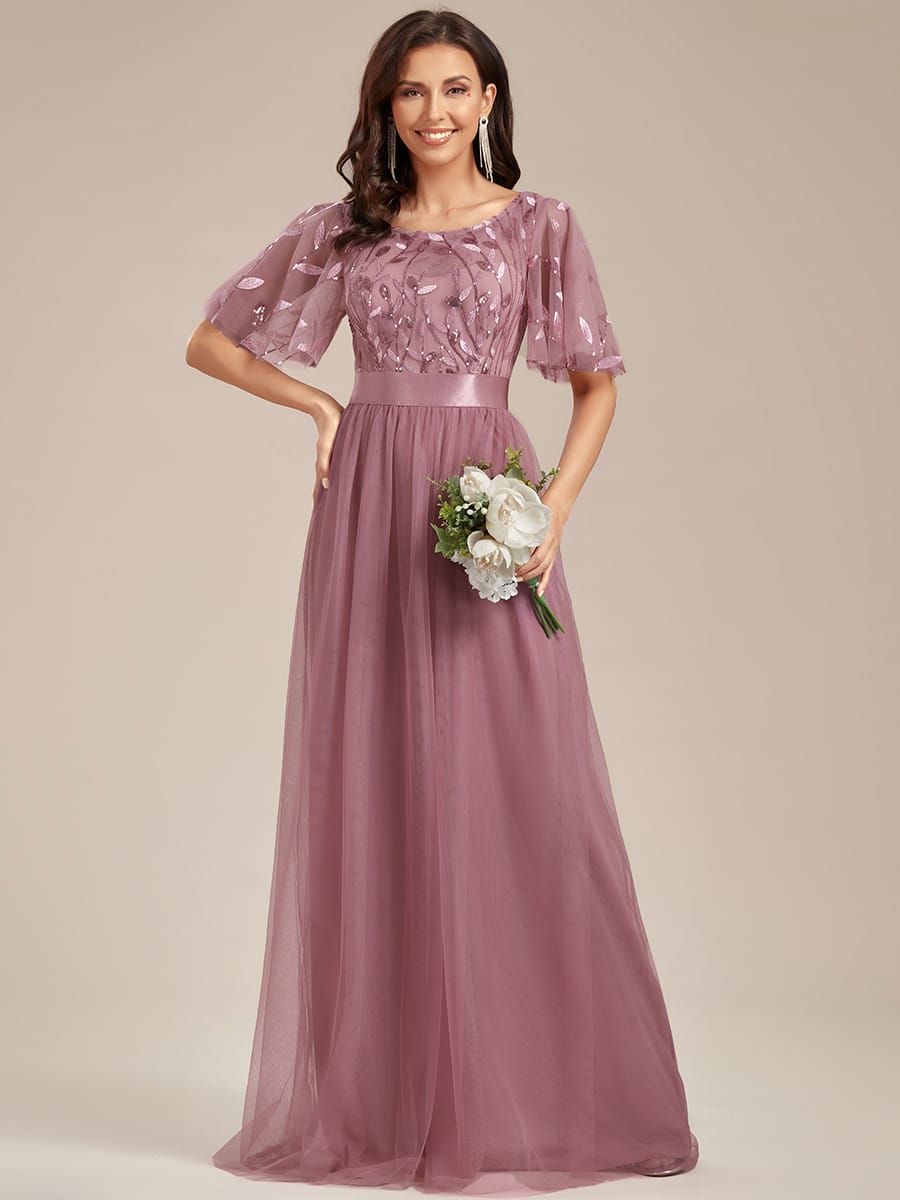 Women's A-Line Short Sleeve Embroidery Floor Length Evening Dresses #color_Purple Orchid