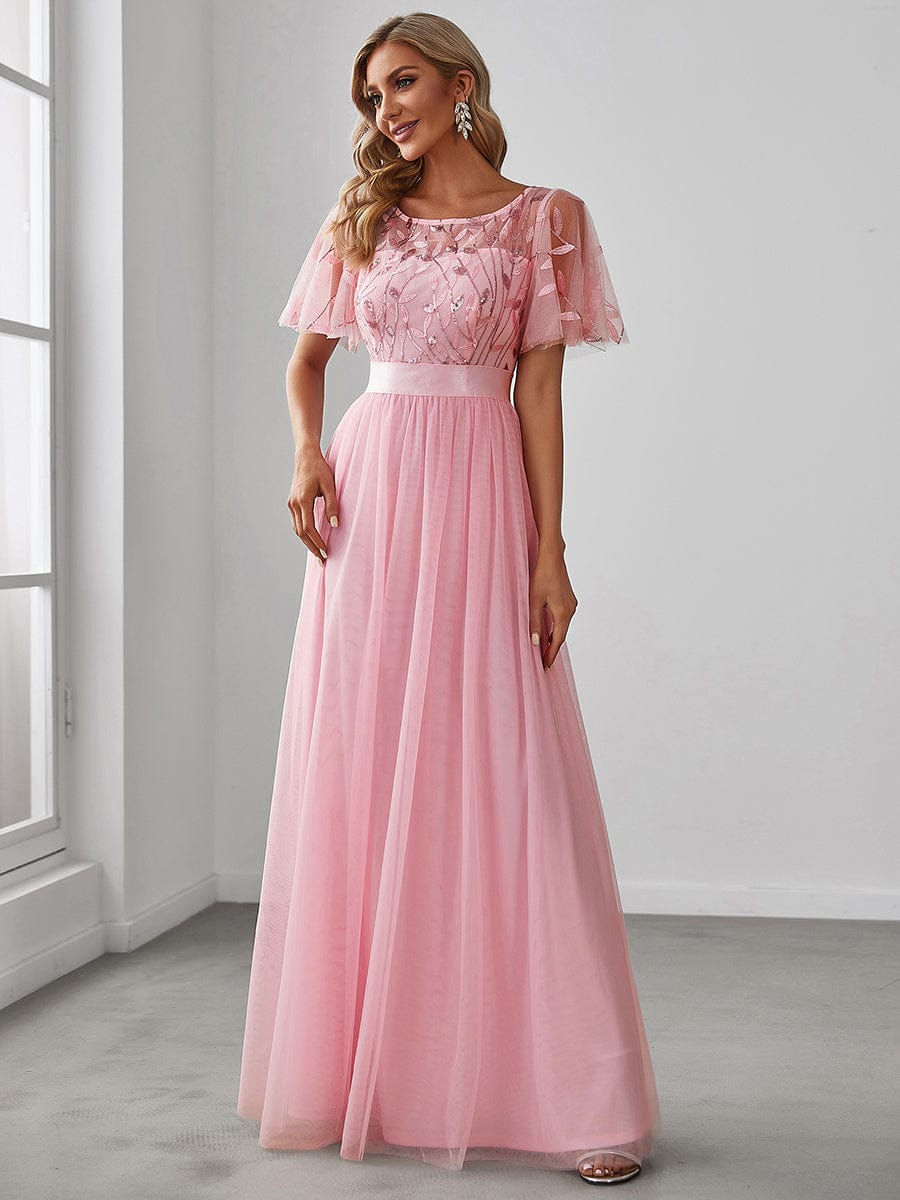 Women's A-Line Short Sleeve Embroidery Floor Length Wedding Guest Dresses #color_Pink