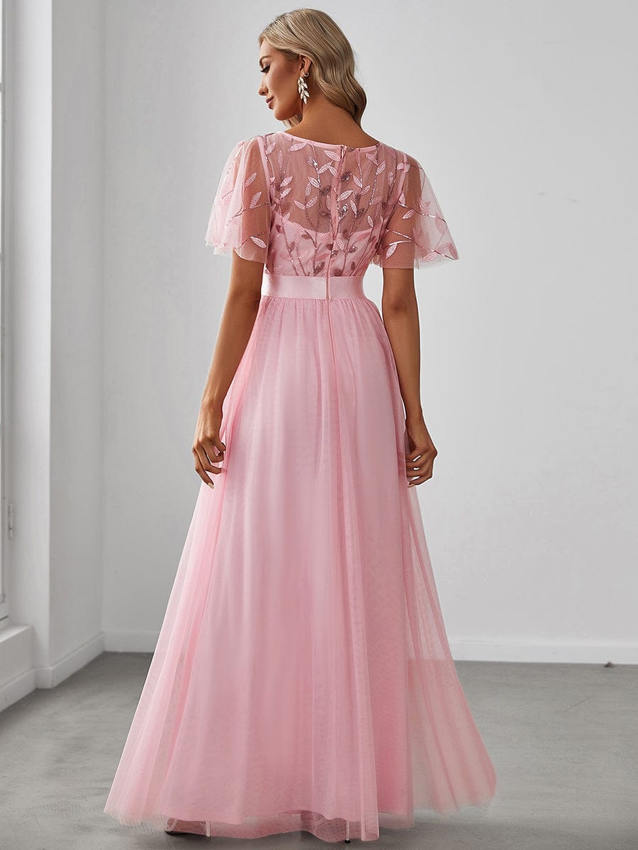 Women's A-Line Short Sleeve Embroidery Floor Length Wedding Guest Dresses #color_Pink