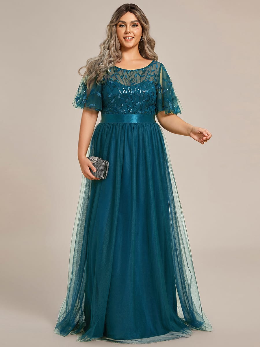 Women's A-Line Short Sleeve Embroidery Floor Length Evening Dresses #color_Teal