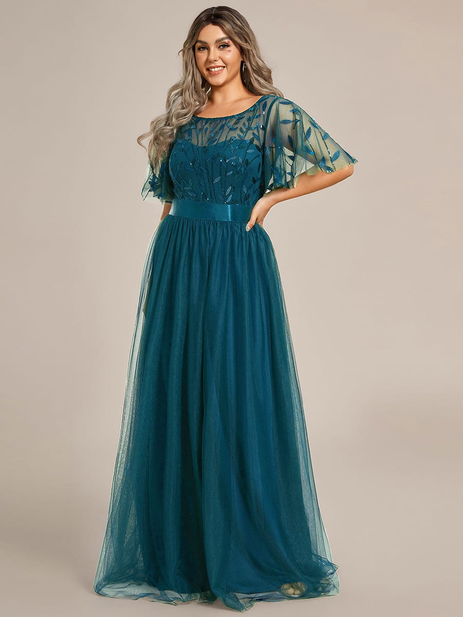 Women's A-Line Short Sleeve Embroidery Floor Length Evening Dresses #color_Teal