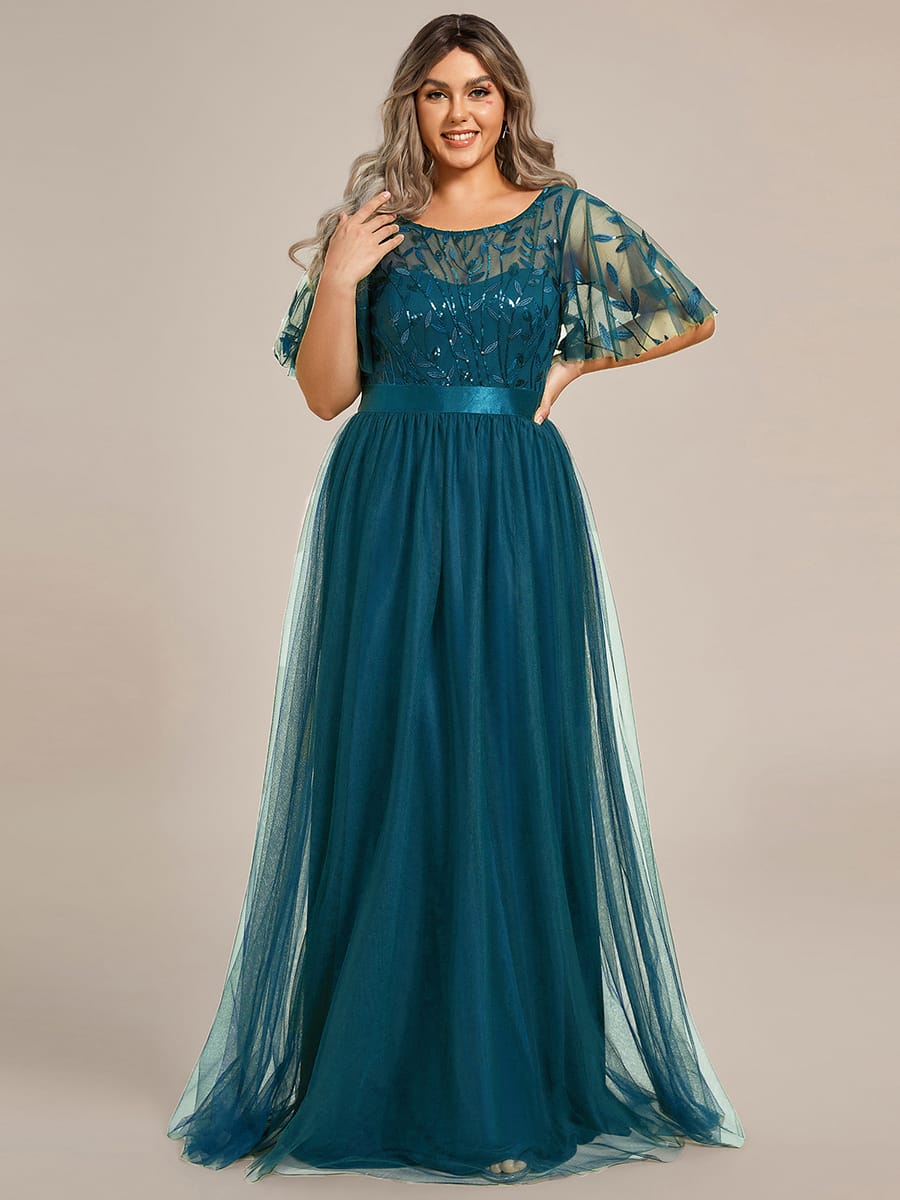 Women's A-Line Short Sleeve Embroidery Floor Length Evening Dresses #color_Teal