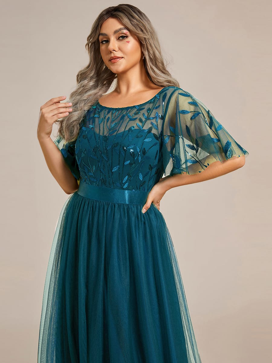 Women's A-Line Short Sleeve Embroidery Floor Length Evening Dresses #color_Teal