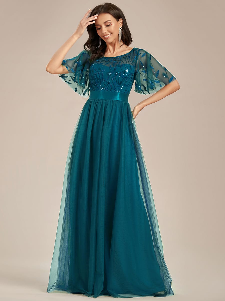 Women's A-Line Short Sleeve Embroidery Floor Length Evening Dresses #color_Teal