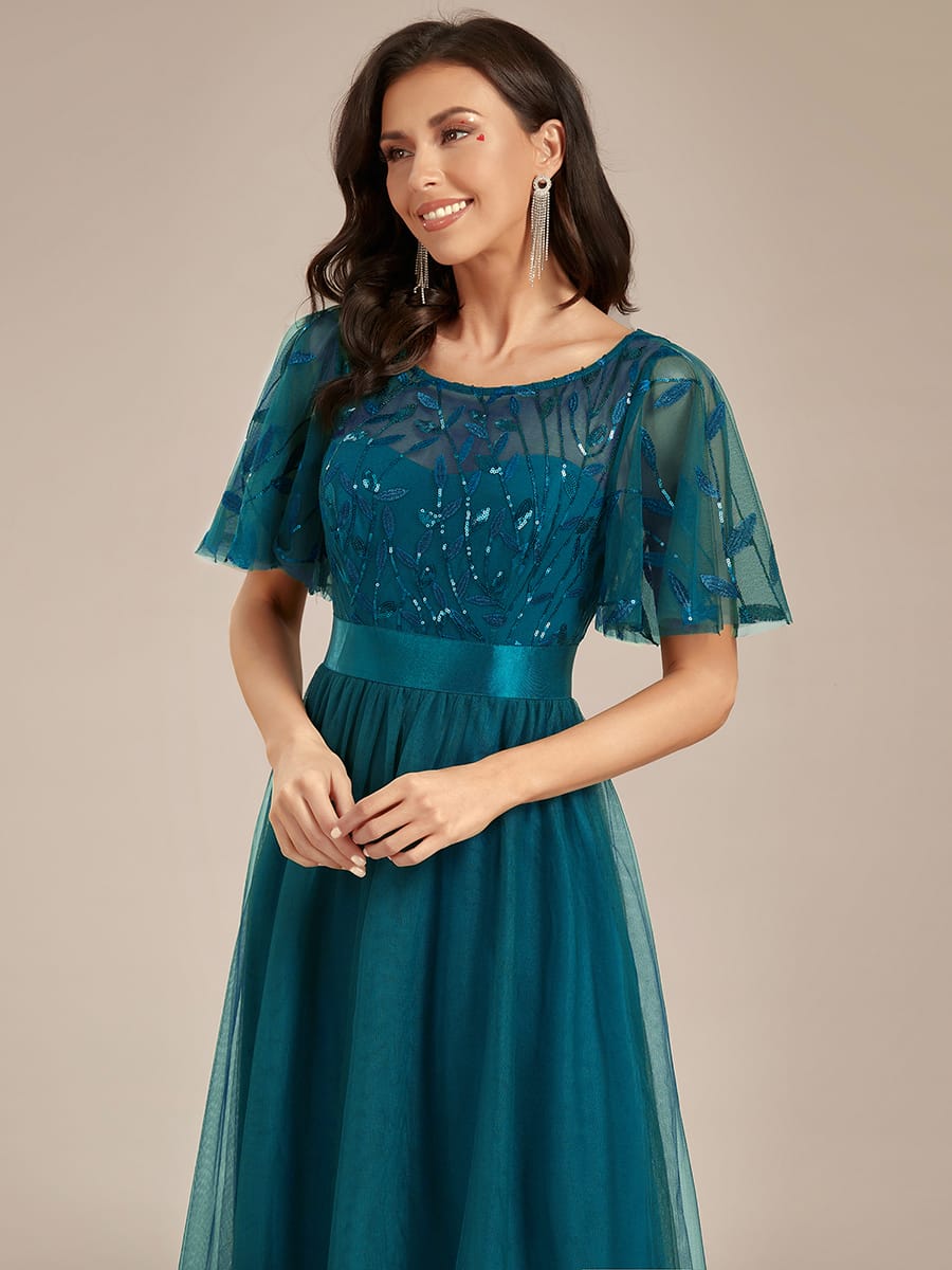 Women's A-Line Short Sleeve Embroidery Floor Length Evening Dresses #color_Teal