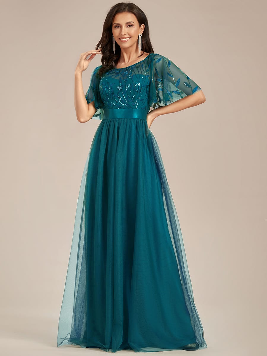 Women's A-Line Short Sleeve Embroidery Floor Length Evening Dresses #color_Teal