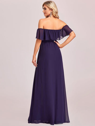 Women's Off-The-Shoulder Ruffle Thigh Split Wedding Guest Dresses #color_Dark Purple