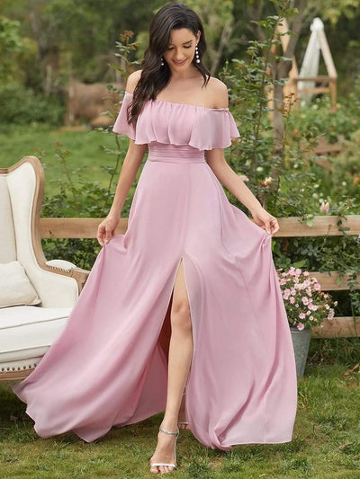 Women's Off-The-Shoulder Ruffle Thigh Split Bridesmaid Dresses #color_Mauve