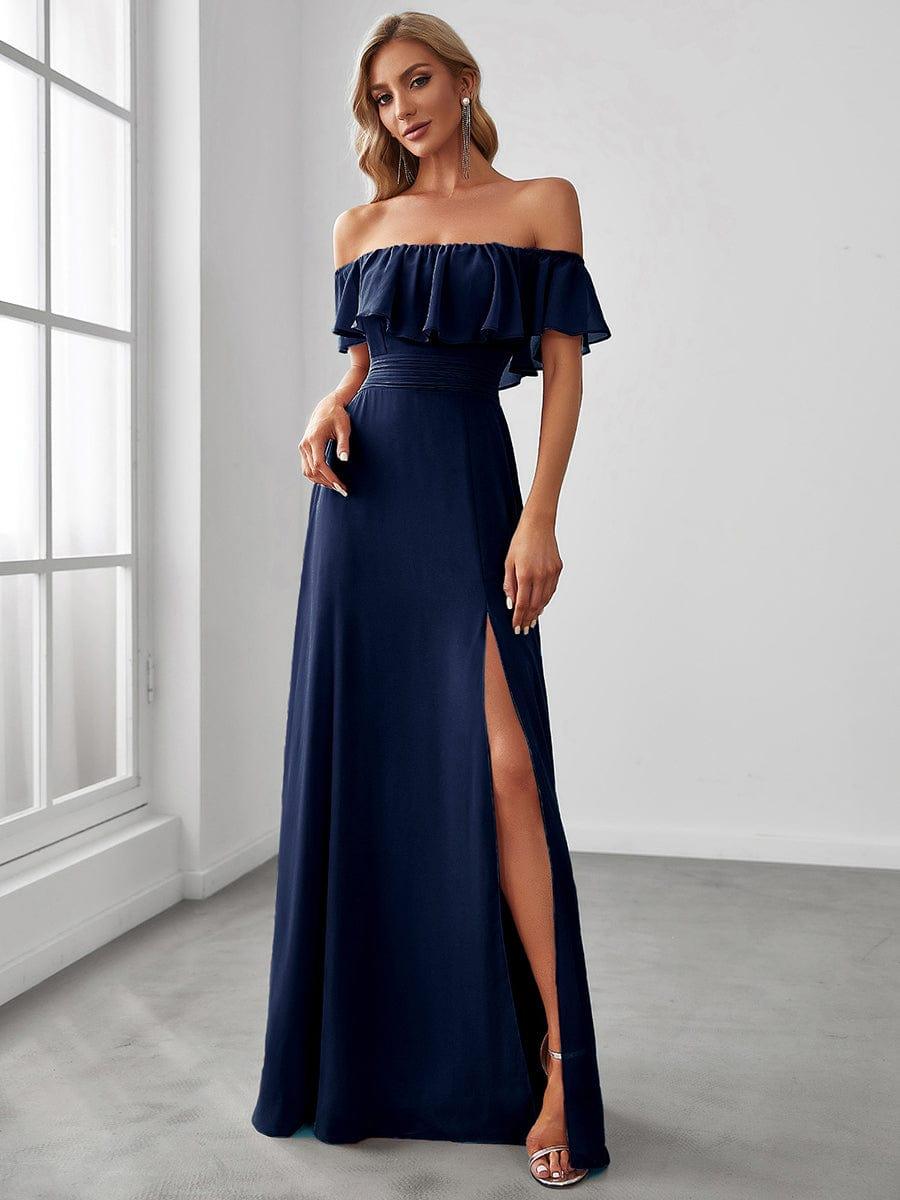 Women's Off-The-Shoulder Ruffle Thigh Split Wedding Guest Dresses #color_Navy Blue