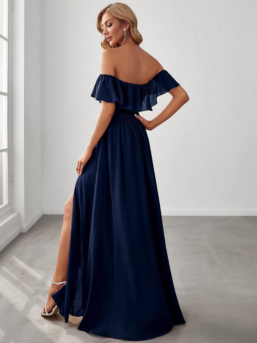 Women's Off-The-Shoulder Ruffle Thigh Split Wedding Guest Dresses #color_Navy Blue