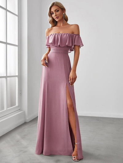 Women's Off-The-Shoulder Ruffle Thigh Split Wedding Guest Dresses #color_Purple Orchid