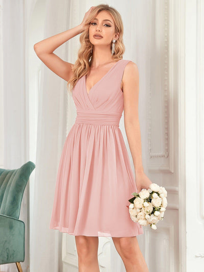 Knee-Length Chiffon Bridesmaid Dresses for Women with V-Neck #color_Pink
