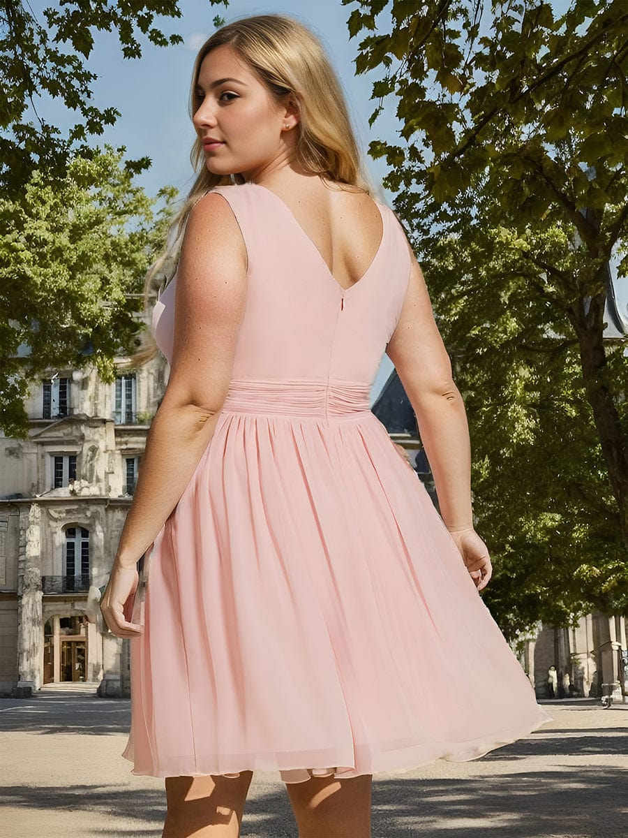 Plus Size Sleeveless V-Neck Knee-Length Chiffon Bridesmaid Dress #color_Pink