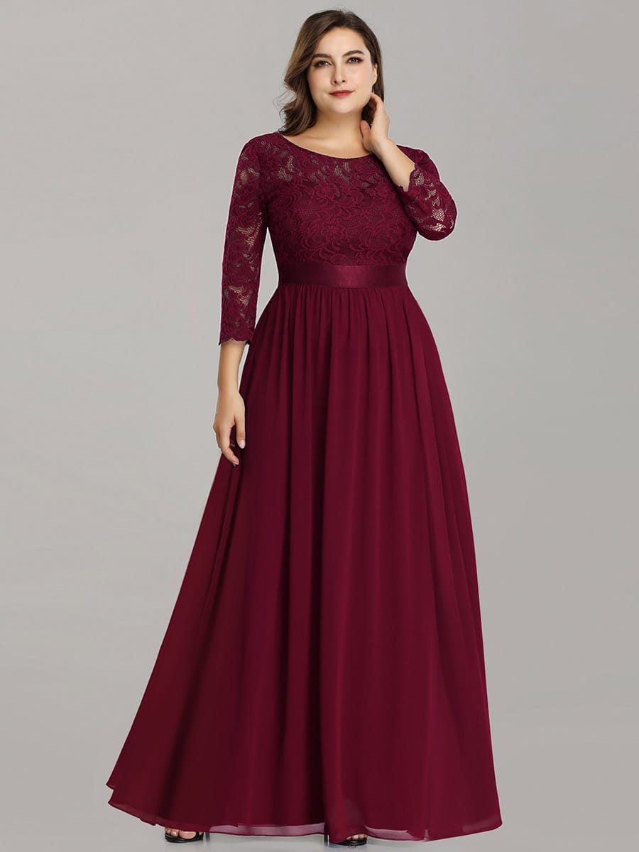 See-Through Floor Length Lace Evening Dress with Half Sleeve #color_Burgundy